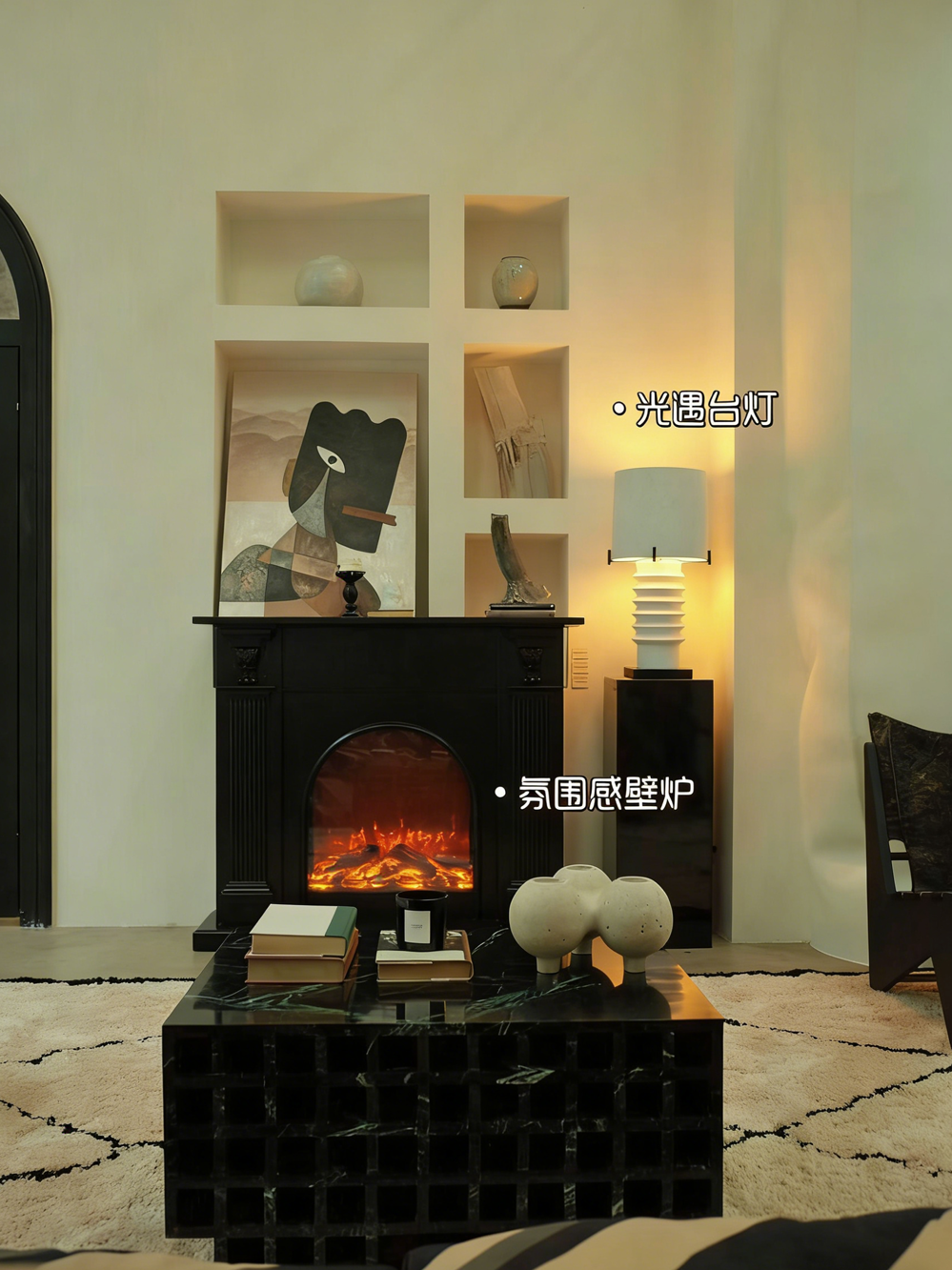 Living room with modern furniture and kitchen